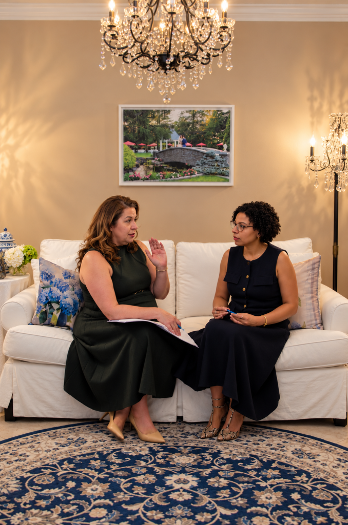 Liza and Liza-Marie, the mother-daughter founders of Hydrangea & Hue Elegant Events, discussing planning documents while seated together.